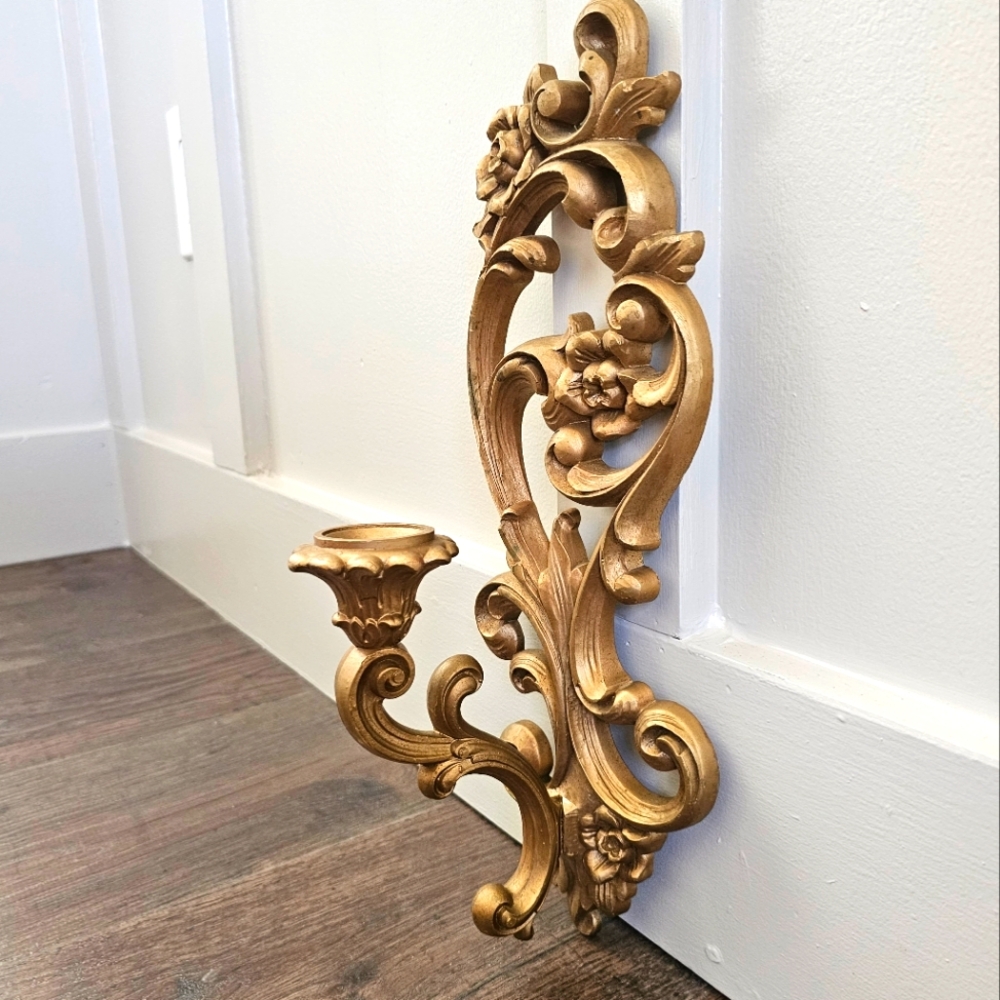 Candle Holder Wall Sconce Vintage Hollywood Regency Floral Scroll MCMLXXI HOMOCO